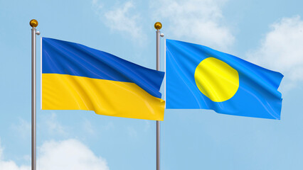 Waving flags of Ukraine and Palau on sky background. Illustrating International Diplomacy, Friendship and Partnership with Soaring Flags against the Sky. 3D illustration.