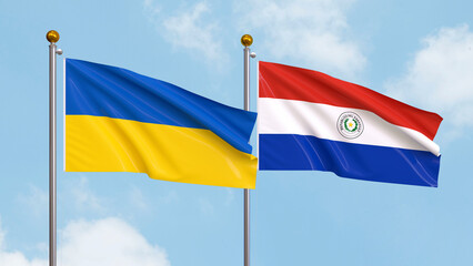 Waving flags of Ukraine and Paraguay on sky background. Illustrating International Diplomacy, Friendship and Partnership with Soaring Flags against the Sky. 3D illustration.
