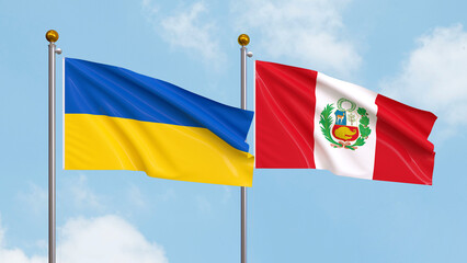 Waving flags of Ukraine and Peru on sky background. Illustrating International Diplomacy, Friendship and Partnership with Soaring Flags against the Sky. 3D illustration.