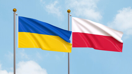 Waving flags of Ukraine and Poland on sky background. Illustrating International Diplomacy, Friendship and Partnership with Soaring Flags against the Sky. 3D illustration.