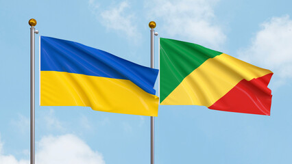 Waving flags of Ukraine and Republic of the Congo on sky background. Illustrating International Diplomacy, Friendship and Partnership with Soaring Flags against the Sky. 3D illustration.