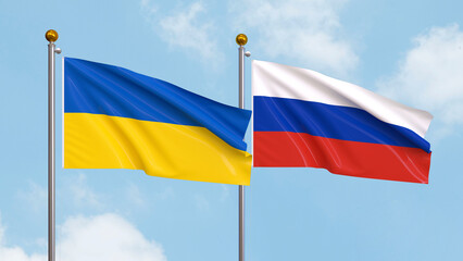 Waving flags of Ukraine and Russia on sky background. Illustrating International Diplomacy, Friendship and Partnership with Soaring Flags against the Sky. 3D illustration.
