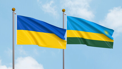 Waving flags of Ukraine and Rwanda on sky background. Illustrating International Diplomacy, Friendship and Partnership with Soaring Flags against the Sky. 3D illustration.