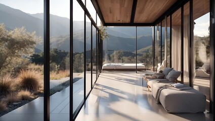 Modern exterior of a luxury villa in a minimal style. Glass house near the mountain. Magnificent ocean views from the veranda of a modern villa. Luxury glamping.