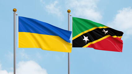 Waving flags of Ukraine and Saint Kitts and Nevis on sky background. Illustrating International Diplomacy, Friendship and Partnership with Soaring Flags against the Sky. 3D illustration.