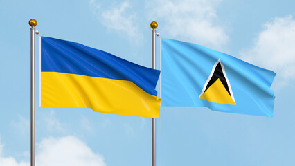Waving flags of Ukraine and Saint Lucia on sky background. Illustrating International Diplomacy, Friendship and Partnership with Soaring Flags against the Sky. 3D illustration.