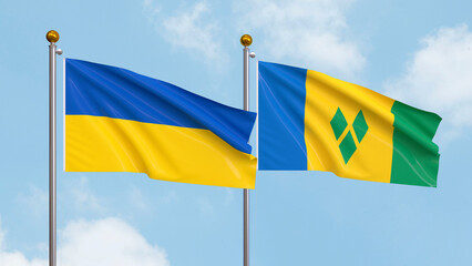 Waving flags of Ukraine and Saint Vincent and the Grenadines on sky background. Illustrating International Diplomacy, Friendship and Partnership with Soaring Flags against the Sky. 3D illustration.