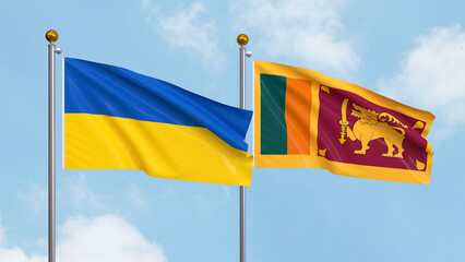 Waving flags of Ukraine and Sri Lanka on sky background. Illustrating International Diplomacy, Friendship and Partnership with Soaring Flags against the Sky. 3D illustration.