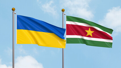 Waving flags of Ukraine and Suriname on sky background. Illustrating International Diplomacy, Friendship and Partnership with Soaring Flags against the Sky. 3D illustration.