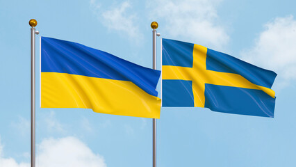 Waving flags of Ukraine and Sweden on sky background. Illustrating International Diplomacy, Friendship and Partnership with Soaring Flags against the Sky. 3D illustration.