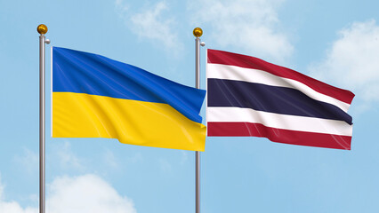 Waving flags of Ukraine and Thailand on sky background. Illustrating International Diplomacy, Friendship and Partnership with Soaring Flags against the Sky. 3D illustration.
