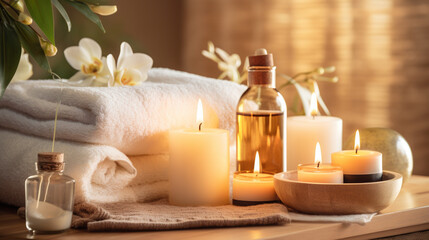 Fototapeta na wymiar A serene spa setting with a beautiful display of candles and elegant decor, inviting relaxation and tranquility Generative AI