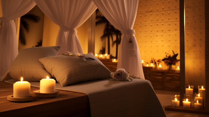 A cozy massage nook adorned with aromatic candles and soft cushions, offering a peaceful retreat Generative AI