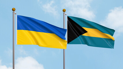 Waving flags of Ukraine and The Bahamas on sky background. Illustrating International Diplomacy, Friendship and Partnership with Soaring Flags against the Sky. 3D illustration.