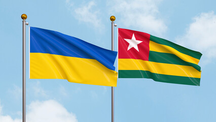 Waving flags of Ukraine and Togo on sky background. Illustrating International Diplomacy, Friendship and Partnership with Soaring Flags against the Sky. 3D illustration.