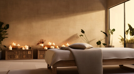 A minimalist massage studio with warm-toned candles and nature-inspired decor, embracing a calming and earthy vibe Generative AI