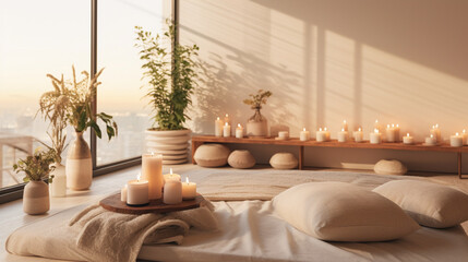 A minimalist massage studio with warm-toned candles and nature-inspired decor, embracing a calming and earthy vibe Generative AI