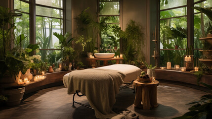 A garden-themed massage studio with lush plant decor and botanical-scented candles, offering a connection to nature Generative AI