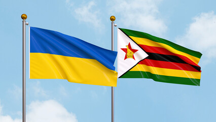 Waving flags of Ukraine and Zimbabwe on sky background. Illustrating International Diplomacy, Friendship and Partnership with Soaring Flags against the Sky. 3D illustration.
