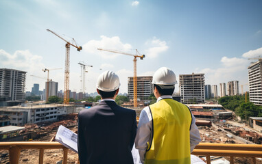 Asian two business man construction engineers supervising progress of construction project at