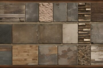 Old brown gray rusty vintage worn shabby patchwork motif tiles stone concrete cement wall texture background banner panorama