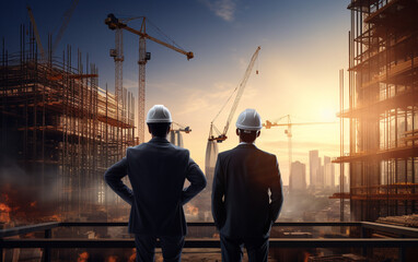 Asian two business man construction engineers supervising progress of construction project at