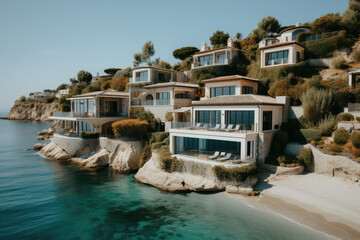 Showing the vibrant beachfront cities of California, with a bustling boardwalk, palm-lined streets, luxurious beachfront properties, and the energy of coastal living