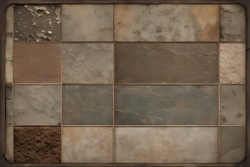 Old brown gray rusty vintage worn shabby patchwork motif tiles stone concrete cement wall texture background banner panorama