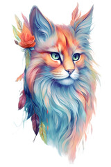 Spiritual colorful cat with feather fur, generative ai