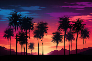 Fototapeta na wymiar A panoramic view of a coastal city skyline at sunset, with tall palm trees silhouetted against a colorful sky, embodying the vibrant energy and allure of urban coastal living
