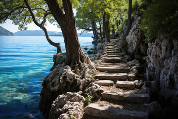 Fototapeta na wymiar A coastal cliffside path leading to a secluded beach, with turquoise water gently lapping against the shore and a sense of serenity in the air, inviting viewers to explore nature's hidden treasures