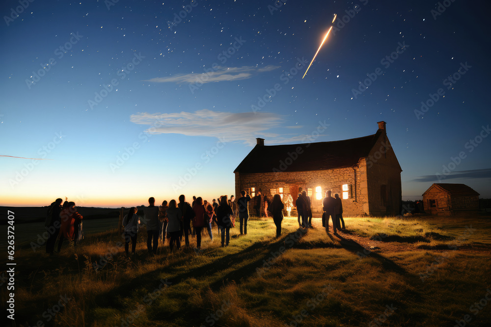 Wall mural a time-lapse image of a meteor shower streaking across the night sky, creating a celestial spectacle