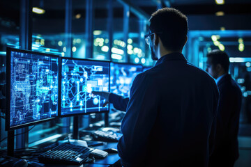 A control room in a power plant, with operators monitoring and controlling electrical systems and equipment for efficient power generation