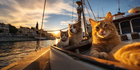 sunset in harbor Greece Saloniki ,cat and dog on sit on promenade , fish boat in port ,sun flares on seawater , Olympus mountains on horizon