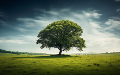 Fototapeta premium Beautiful tree in the middle of a field covered with grass with the tree line in the background