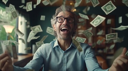 Obraz premium Excited man surrounding of falling banknotes Made with Generative AI.