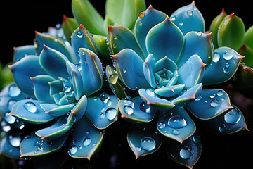 A close-up of a succulent plant with raindrops on its leaves, emphasizing its ability to retain moisture in arid environments