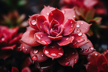 A close-up of a succulent plant with raindrops on its leaves, emphasizing its ability to retain moisture in arid environments