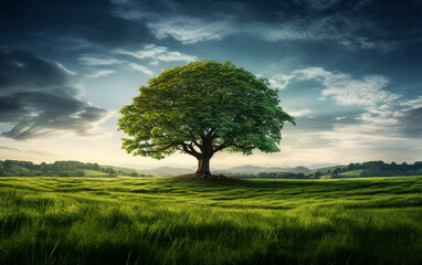 Fototapeta premium Beautiful tree in the middle of a field covered with grass with the tree line in the background