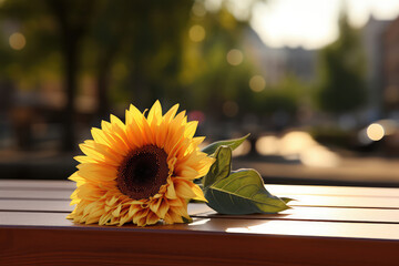 An artistic composition of a single sunflower placed on a rustic wooden table, with soft lighting creating an atmosphere of elegance