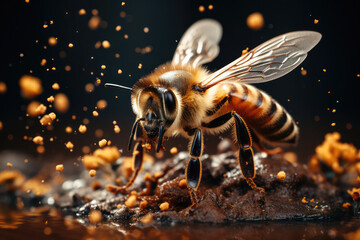 A close-up of a bee covered in pollen, hovering near a sunflower, showcasing the symbiotic relationship between the flower and the pollinator