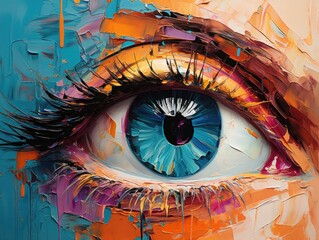 A colorful painting of an eye in vibrant neon colors, reflecting the style of modern art. The art print portrait captures the essence of creativity, radiating the eye's enigmatic beauty.