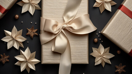 Layflat of gifts wrapped in ivory fabric with ivory and red ribbons decorated with stars on dark grey neutral background
