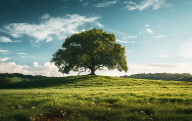 Beautiful tree in the middle of a field covered with grass with the tree line in the background