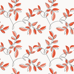 Red contour leaves vector seamless pattern. Abstract outline floral illustration. Botanical backdrop. Line continuous wallpaper, graphic background, fabric, textile, minimal print, package design.