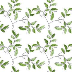 Green leaves vector seamless pattern. Abstract floral illustration. Botanical backdrop. Line continuous wallpaper, graphic background, fabric, textile, minimal print, package design.