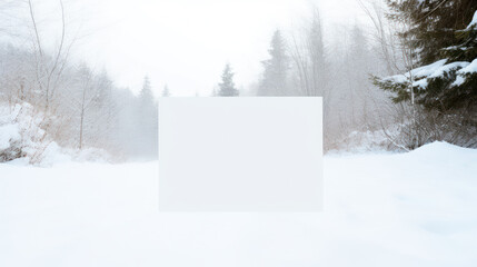 Background picture of snowy forest landscape with white frame isolated png background in center