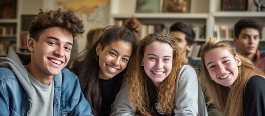 Happy teenage students in the classroom. Generative AI - obrazy, fototapety, plakaty