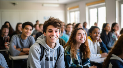 Happy teenage students in the classroom. Generative AI - obrazy, fototapety, plakaty