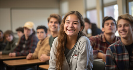Happy teenage students in the classroom. Generative AI